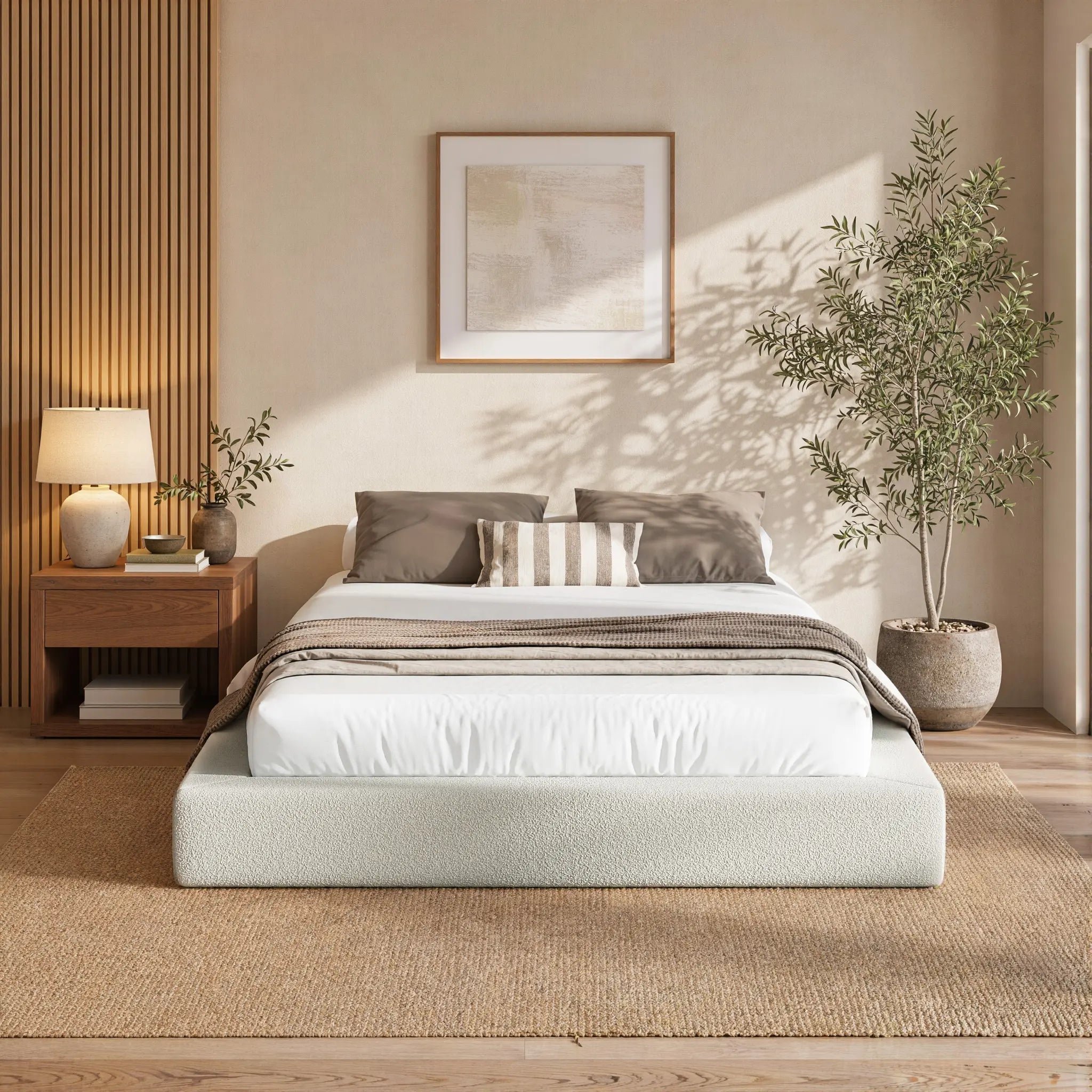 RECCI Airframe Upholstered Modern Low Profile Platform Bed Frame - Full Size, No Headboard Option, 5-In High-Resiliency Foam Upholstery, Sturdy Steel Bedframe, No Box Spring Needed, Easy Assembly, Apartment Furniture,Dorm Essentials,Home Decor