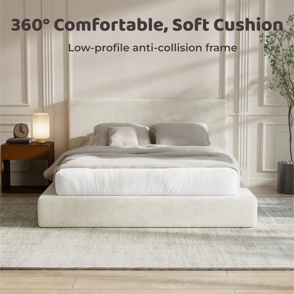 RECCI Airframe Upholstered Modern Low Profile Platform Bed Frame - Full Size, No Headboard Option, 5-In High-Resiliency Foam Upholstery, Sturdy Steel Bedframe, No Box Spring Needed, Easy Assembly, Apartment Furniture,Dorm Essentials,Home Decor