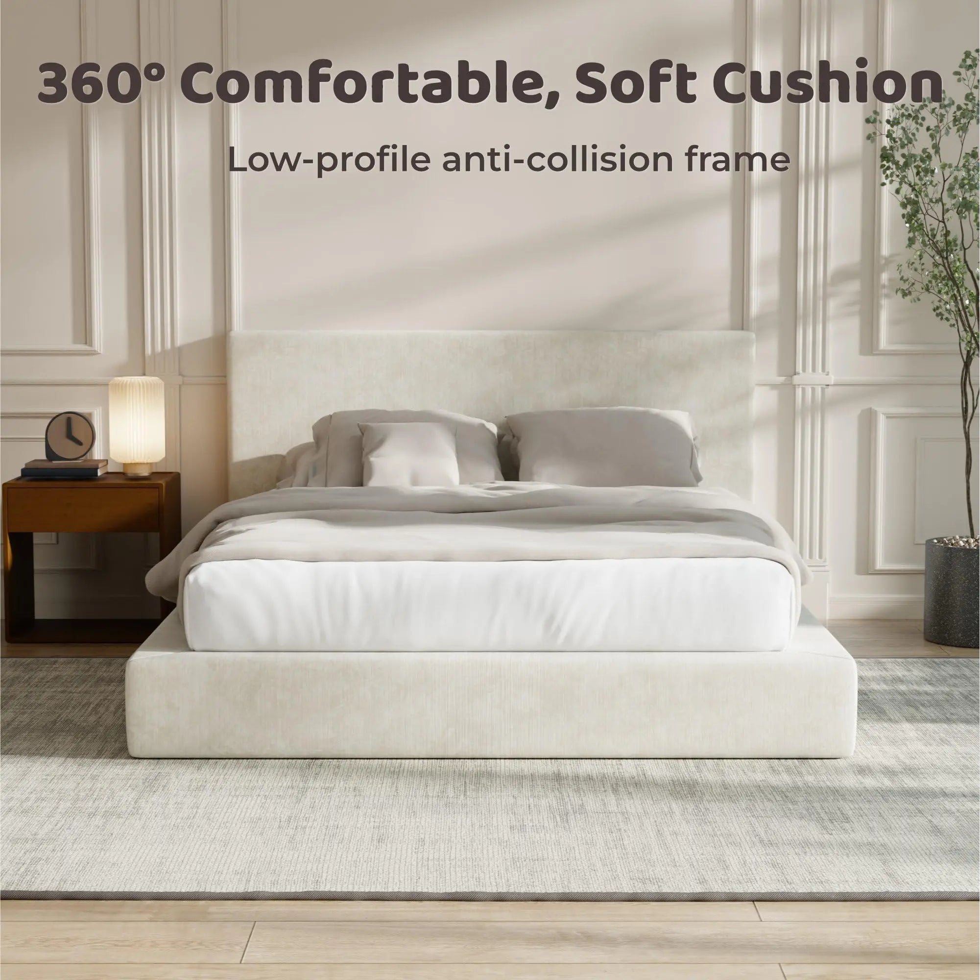 RECCI Airframe Upholstered Modern Low Profile Platform Bed Frame - Full Size, No Headboard Option, 5-In High-Resiliency Foam Upholstery, Sturdy Steel Bedframe, No Box Spring Needed, Easy Assembly, Apartment Furniture,Dorm Essentials,Home Decor