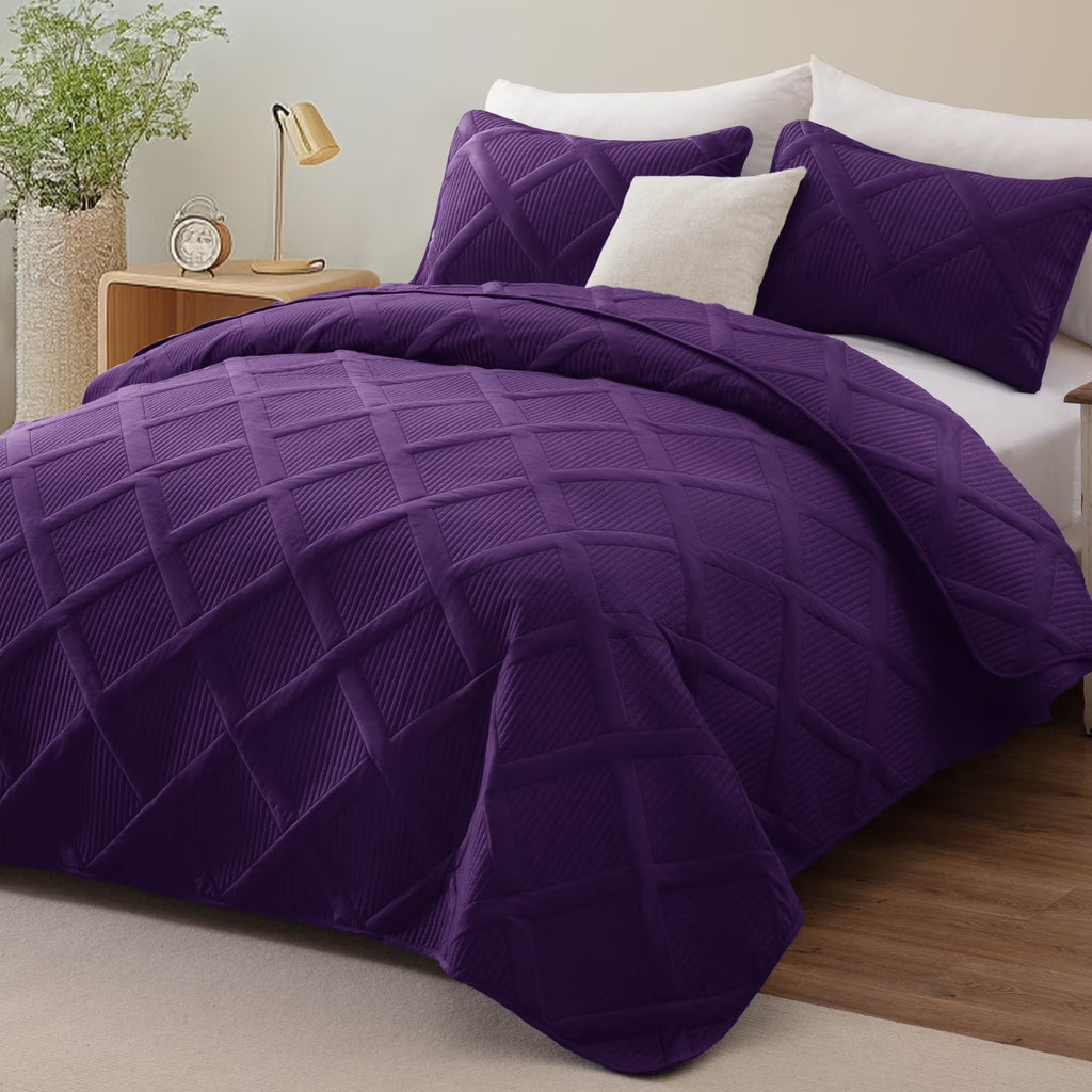 Ultrasonic Twin Quilt Set, 2-Piece Lightweight Bedspreads Modern Striped Coverlet, Deep Purple