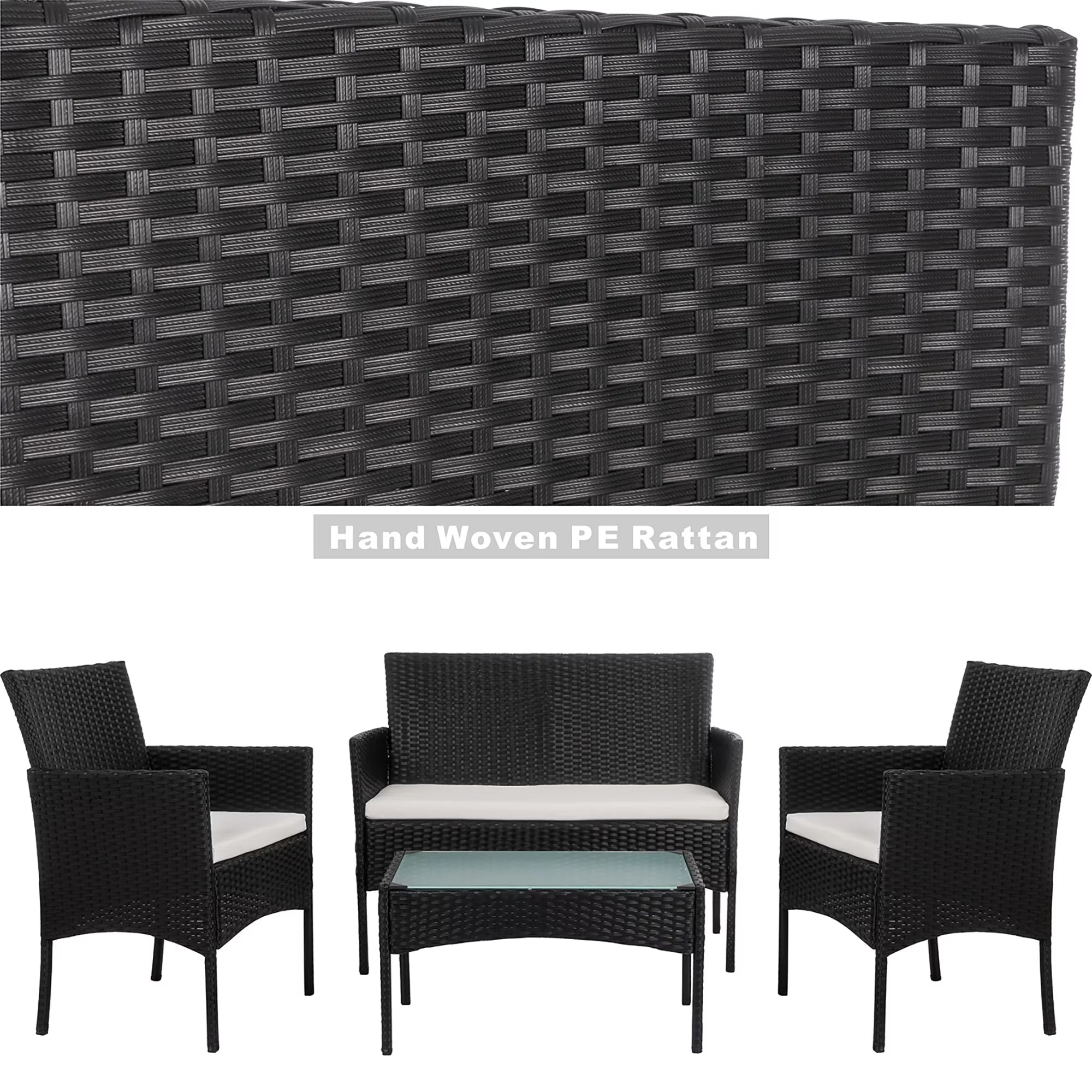 4-Piece Patio Rattan Furniture Set with Cushions & Tempered Glass Tabletop, White