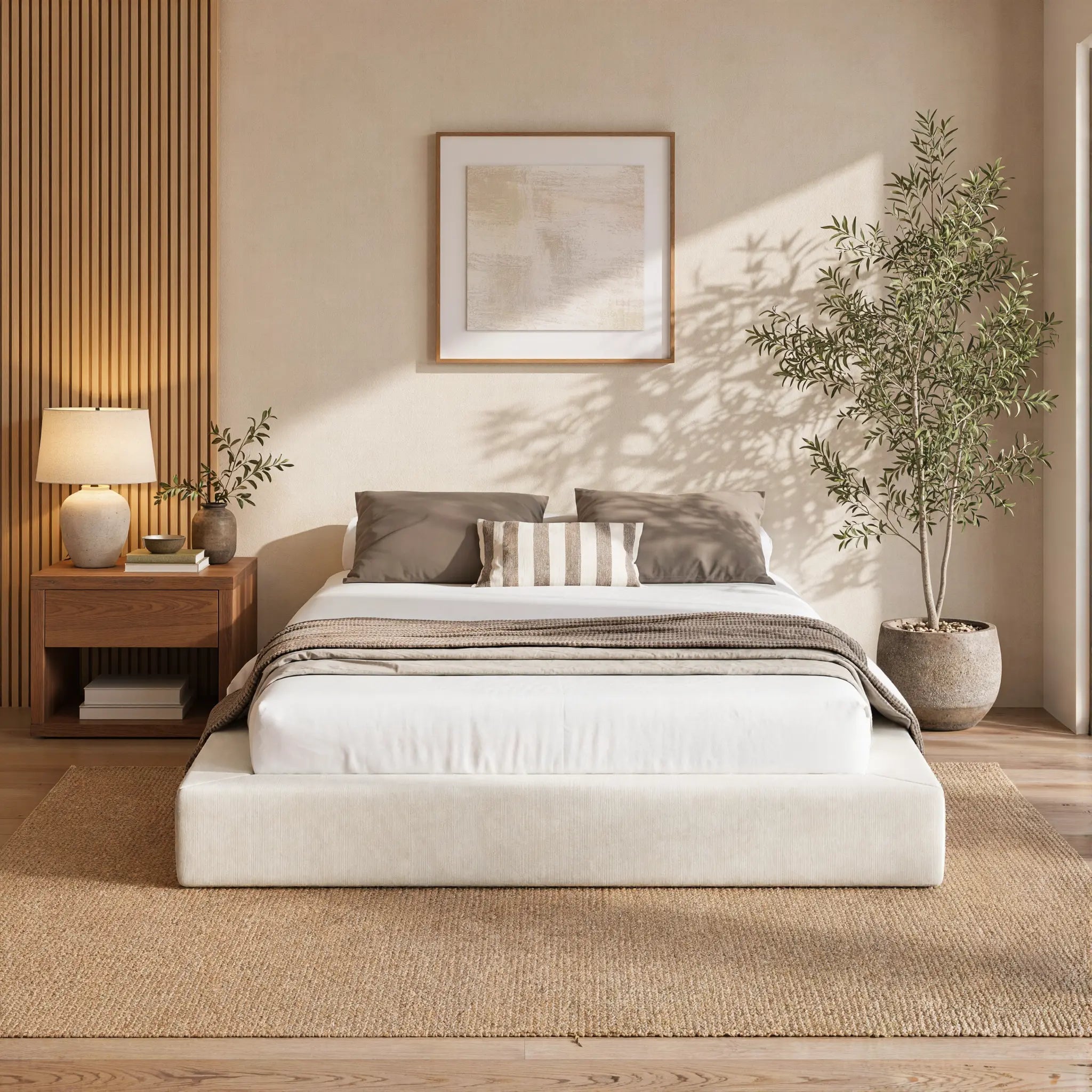 RECCI Airframe Upholstered Modern Low Profile Platform Bed Frame - Full Size, No Headboard Option, 5-In High-Resiliency Foam Upholstery, Sturdy Steel Bedframe, No Box Spring Needed, Easy Assembly, Apartment Furniture,Dorm Essentials,Home Decor