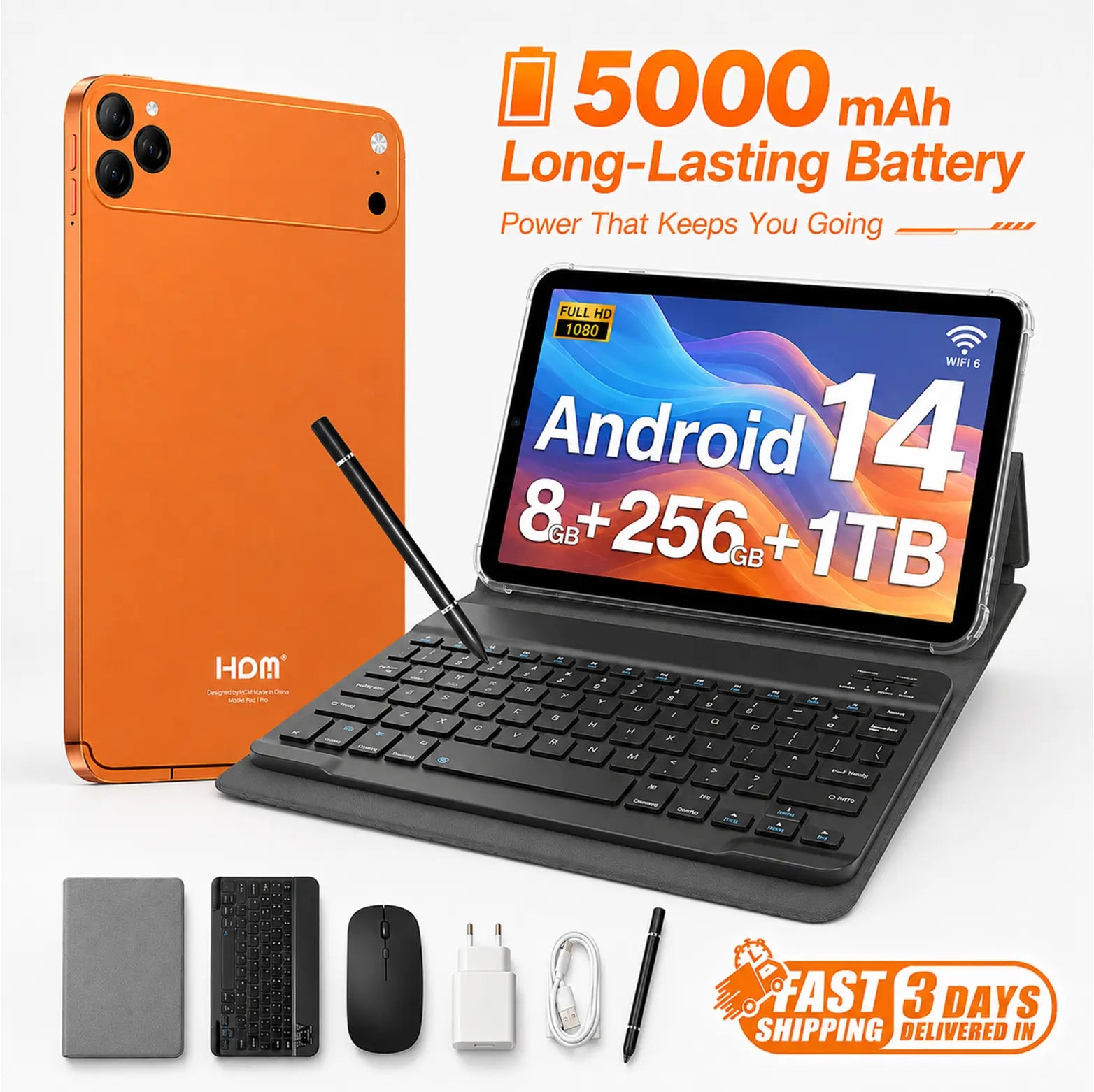 Portable Android 14 Tablet Bundle for Travel & Remote Work, 10.1" 2K Display, 8GB+256GB Storage, Wifi & SIM Supported with Keyboard, Mouse & Stylus