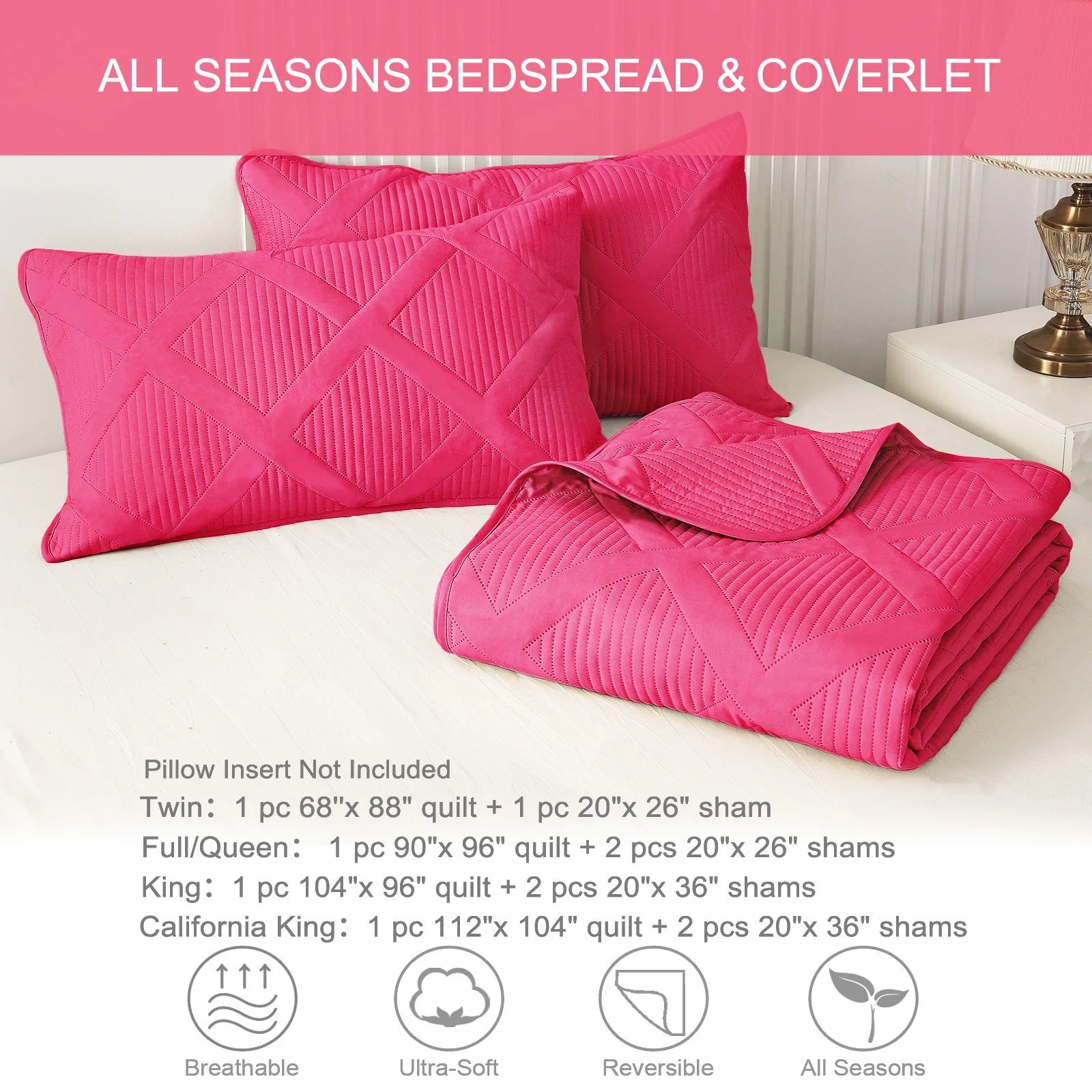 Ultrasonic King Quilt Set, 3-Piece Lightweight Bedspreads Modern Striped Coverlet, Hot Pink