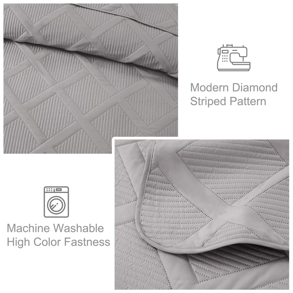 Ultrasonic King Quilt Set, 3-Piece Lightweight Bedspreads Modern Striped Coverlet, Light Grey