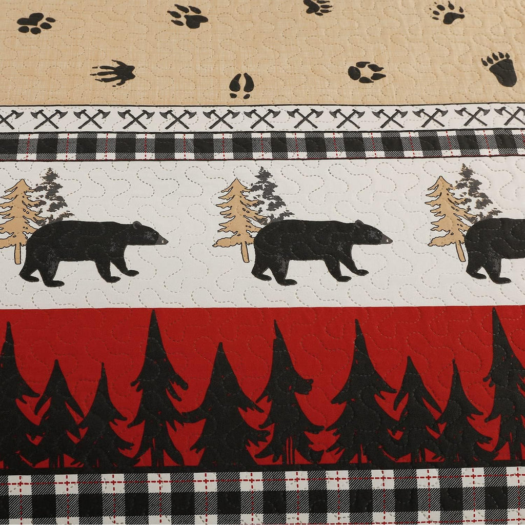 Quilt Set Queen/Full Size Rustic Quilt Bedspread Country Lodge Bedding Cabin Reversible Quilt Bedding Home Lightweight Bedspread Coverlet Black White Buffalo Plaid Quilt Animal Moose Bear Bedding