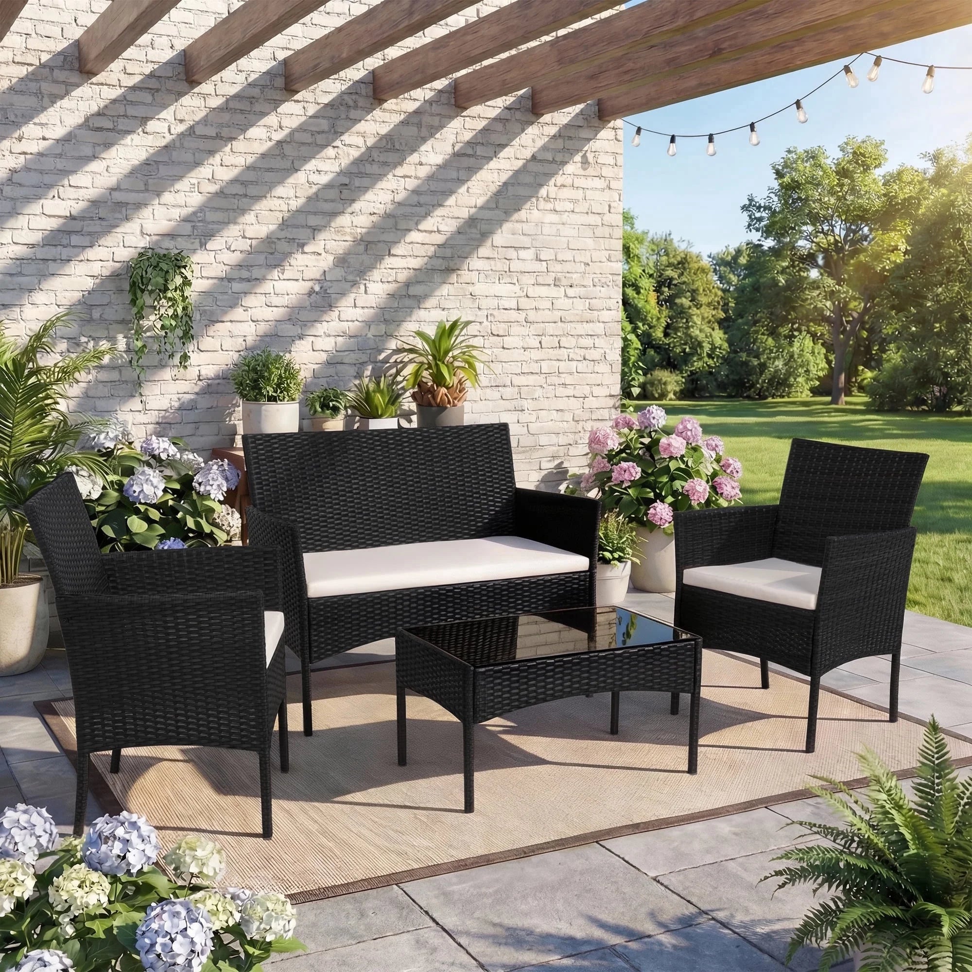 4-Piece Patio Rattan Furniture Set with Cushions & Tempered Glass Tabletop, White