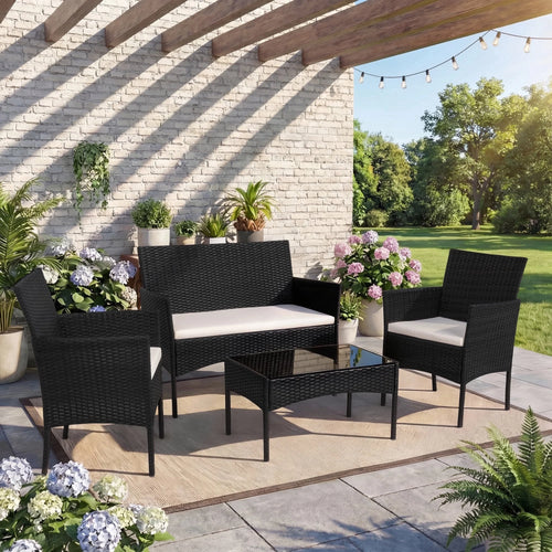 4-Piece Patio Rattan Furniture Set with Cushions & Tempered Glass Tabletop, White
