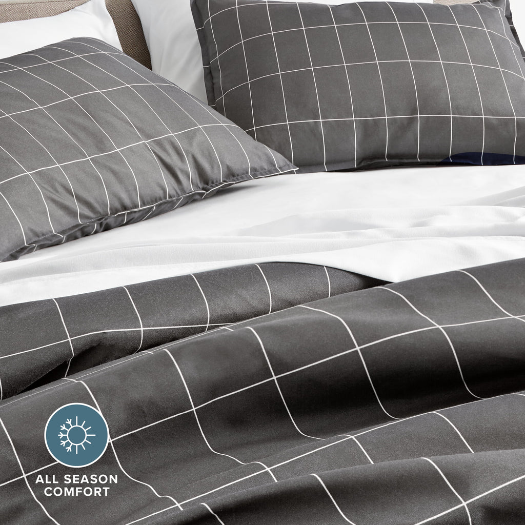 Luxury Duvet Cover and Sham Set - Premium 1800 Collection - Ultra-Soft - Oversized Queen, Grid - Gray/White, 3-Pieces