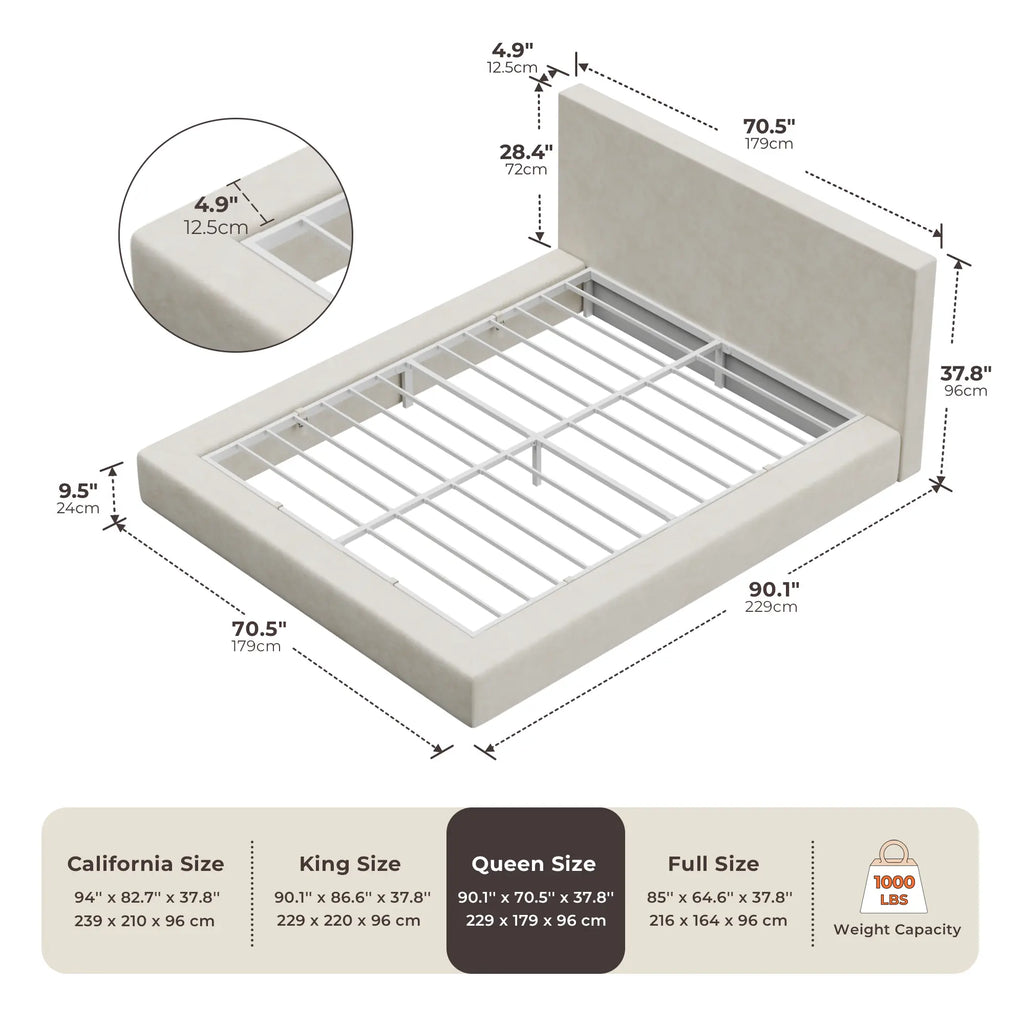 RECCI Airframe Upholstered Modern Low Profile Platform Bed Frame - Full Size, No Headboard Option, 5-In High-Resiliency Foam Upholstery, Sturdy Steel Bedframe, No Box Spring Needed, Easy Assembly, Apartment Furniture,Dorm Essentials,Home Decor