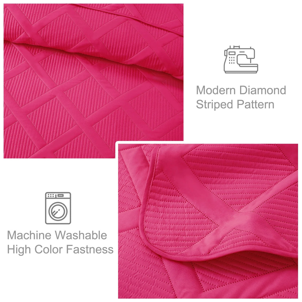 Ultrasonic King Quilt Set, 3-Piece Lightweight Bedspreads Modern Striped Coverlet, Hot Pink