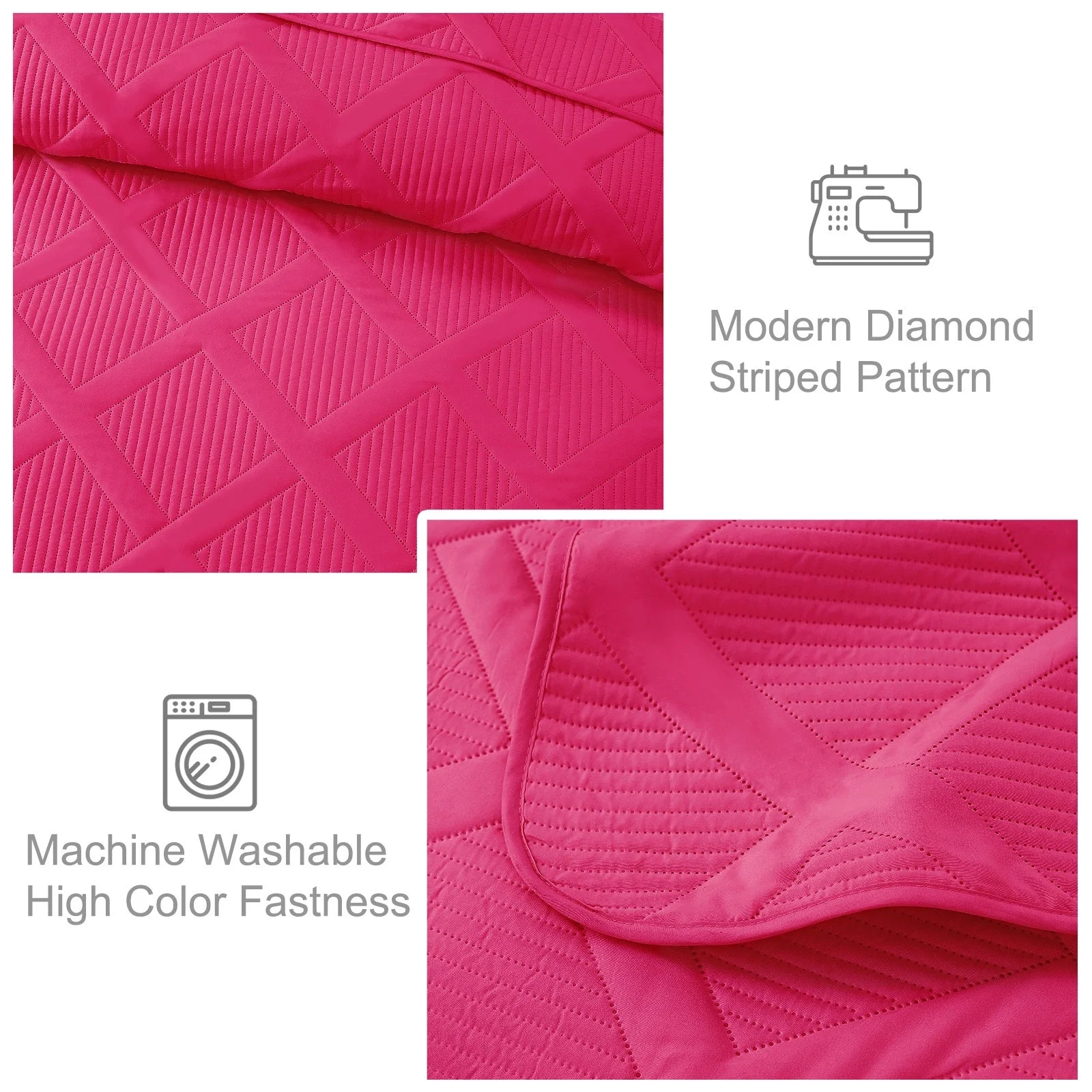 Ultrasonic King Quilt Set, 3-Piece Lightweight Bedspreads Modern Striped Coverlet, Hot Pink
